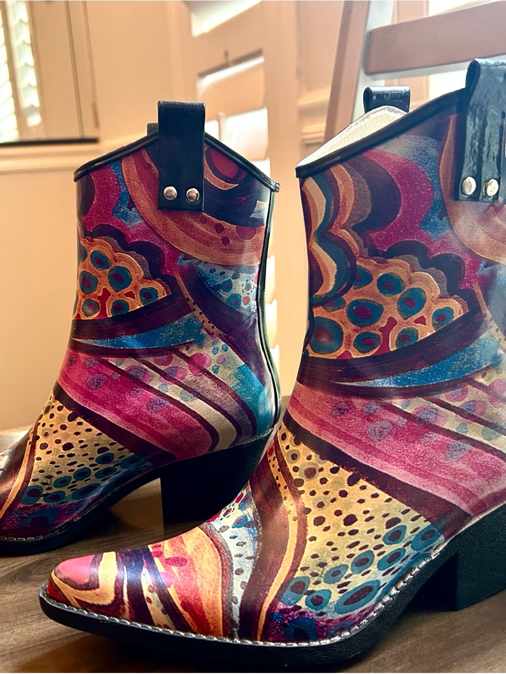 Nomad Yippy Western Rain Boots. vibrant, multicolored abstract design